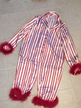 Linea Donatella 2 Piece Fur Trim Candy Cane Pajama Set